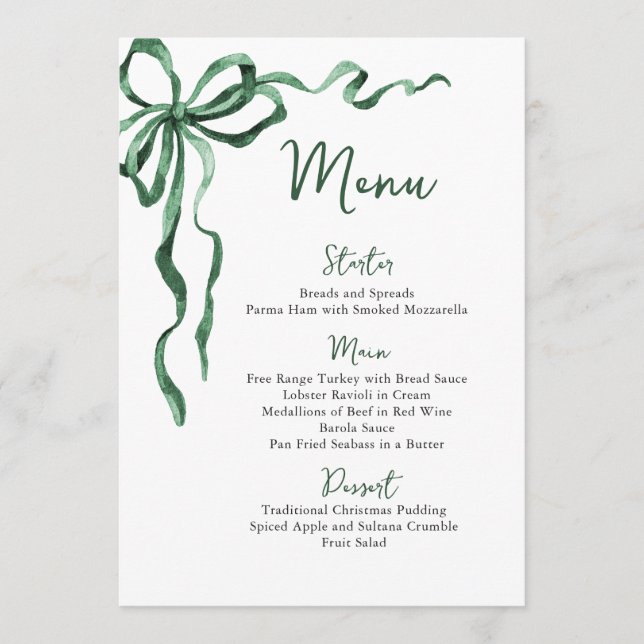 Christmas Whimsical Funky Green Bow Dinner Party Menu (Front)