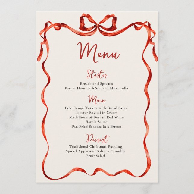 Christmas Whimsical Funky Red Bow Dinner Party Menu (Front)