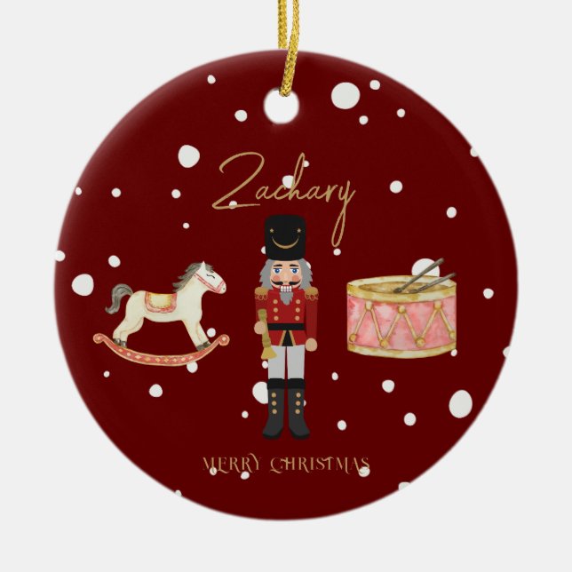 Christmas Whimsical Nutcracker Santa Kids Name Ceramic Ornament (Front)