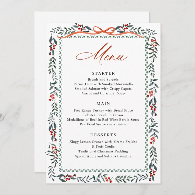 Christmas Whimsical Red Bow Wreath Dinner Party Menu (Front/Back)