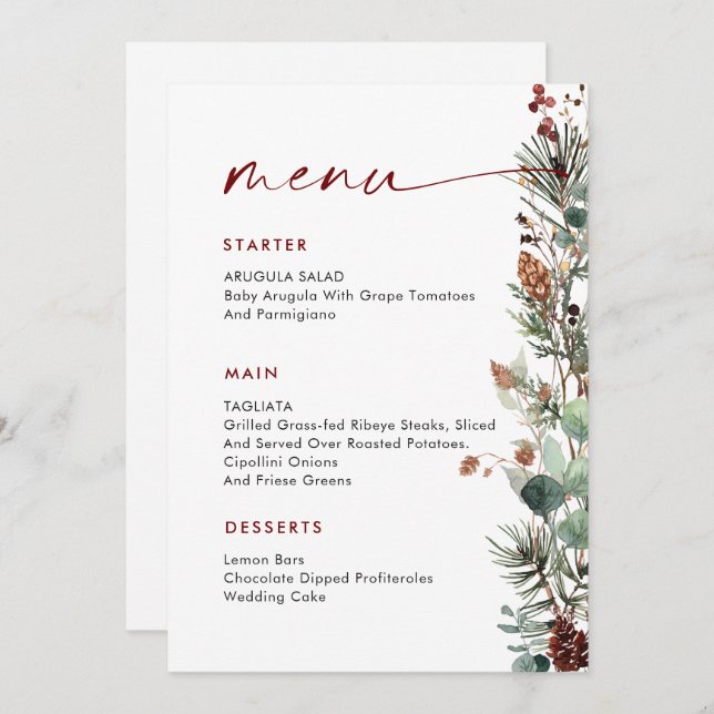 Christmas Whimsical Red Bow Wreath Dinner Party Menu (Front/Back)