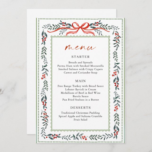 Christmas Whimsical Red Bow Wreath Dinner Party Menu (Front/Back)