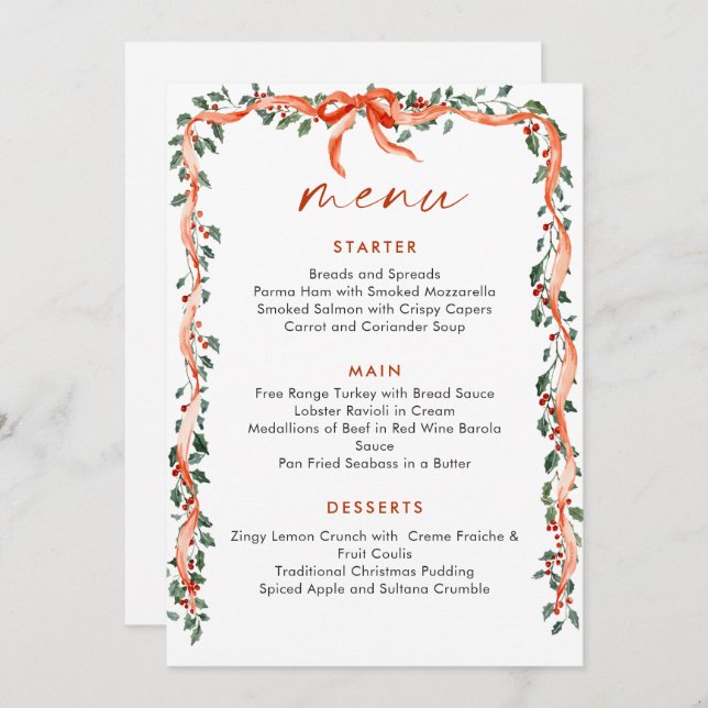 Christmas Whimsical Red Bow Wreath Dinner Party Menu (Front/Back)
