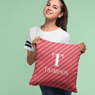 Christmas Whimsical Red Stripes Monogram Holiday Cushion