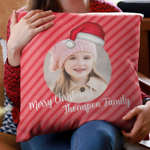Christmas Whimsical Red Stripes Santa Photo Cushion