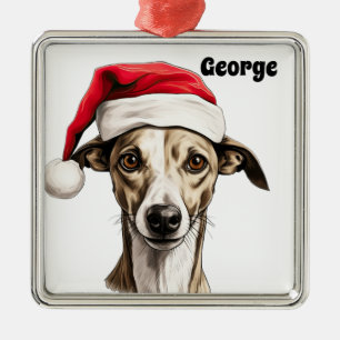 CHRISTMAS WHIPPET DOG WITH SANTA HAT METAL ORNAMENT