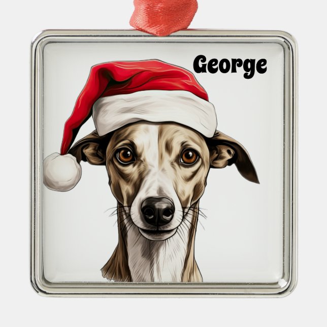 CHRISTMAS WHIPPET DOG WITH SANTA HAT METAL ORNAMENT (Front)