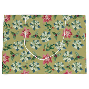 Christmas White and Red Poinsettia, Holly Berry Large Gift Bag