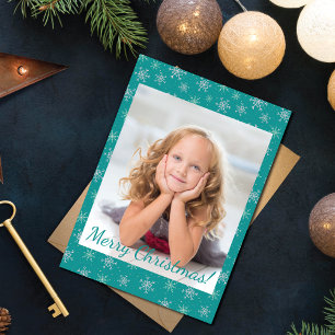 Christmas White & Aqua Snowflakes on Teal Photo Holiday Postcard