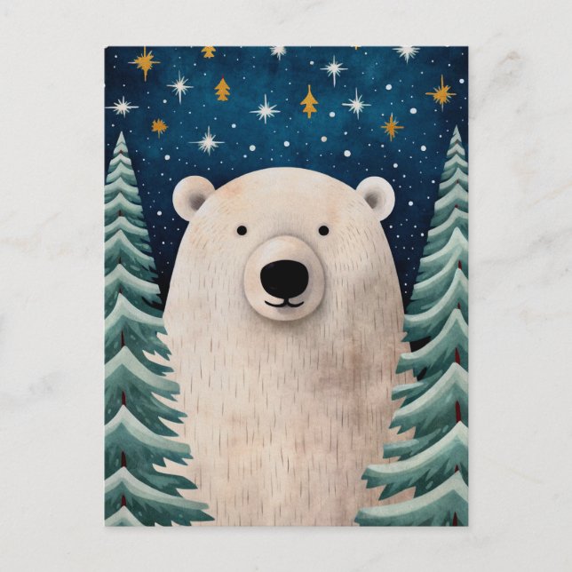 Christmas White Bear Pine Trees Message Holiday Postcard (Front)