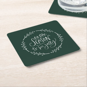 Christmas white berry wreath square paper coaster