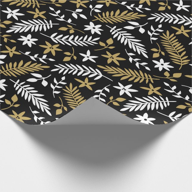 Christmas White Black Gold Botanical Pattern Wrapping Paper (Corner)