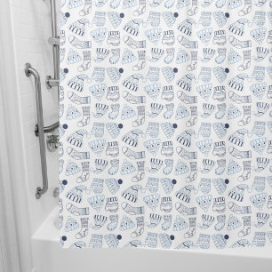 Christmas white blue knitted winter wear shower curtain