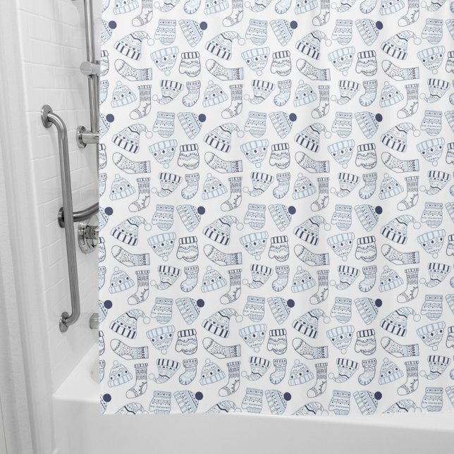 Christmas white blue knitted winter wear shower curtain (Creator Uploaded)