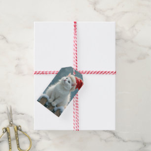 Christmas White Cat Wearing a Santa Hat Gift Tags