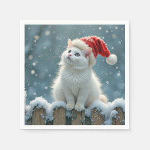 Christmas White Cat Wearing a Santa Hat Napkin