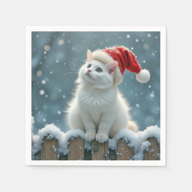 Christmas White Cat Wearing a Santa Hat Napkin (Front)
