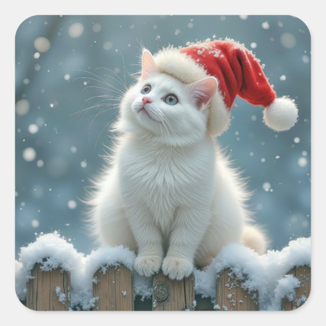 Christmas White Cat Wearing a Santa Hat Square Sticker (Front)