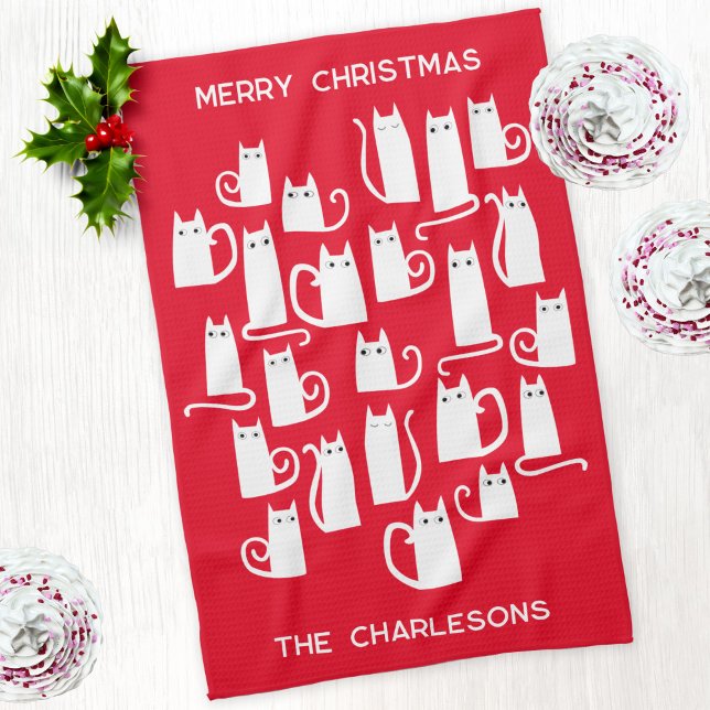 Christmas White Cats Personalised Name Tea Towel (Fun personalized text Christmas kitty cat red and white kitchen tea towel)