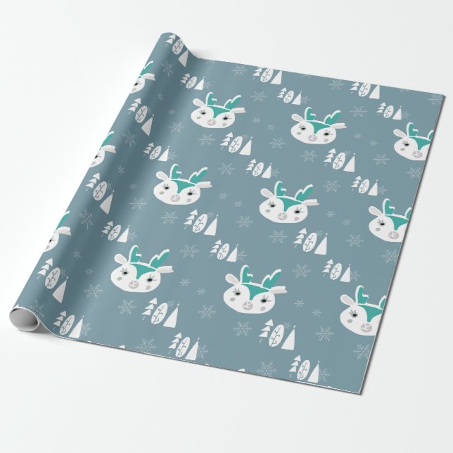 Christmas White Cute Reindeer Wrapping Paper (Unrolled)