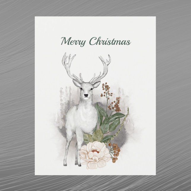 Christmas White Deer Floral Watercolor Holiday Postcard (Creator Uploaded)