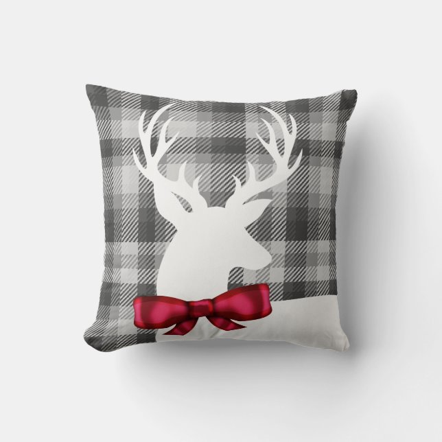 Christmas White Deer & Grey Plaid Happy Holidays Cushion (Front)