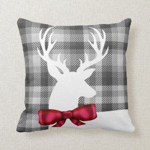 Christmas White Deer & Grey Plaid Happy Holidays Cushion