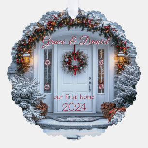 Christmas White Door Wreath "our first home" Tree Decoration Card