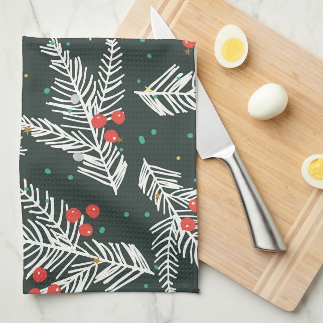 Christmas White Fir Branches And Mistletoe Tea Towel (Quarter Fold)