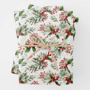Christmas White Flowers and Red Berries Wrapping Paper Sheet