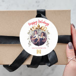 Christmas white gold bauble team photo logo classic round sticker<br><div class="desc">White background. Personalise and add your own photo and company logo. A golden Christmas tree bauble as frame. Add a text,  name or your web url.  Red text.</div>