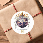 Christmas white gold bauble team photo logo classic round sticker<br><div class="desc">White background. Personalise and add your own photo and company logo. A golden Christmas tree bauble as frame. Add a text,  name or your web url.</div>