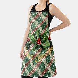 Christmas White Gold Plaid With Wreath Apron