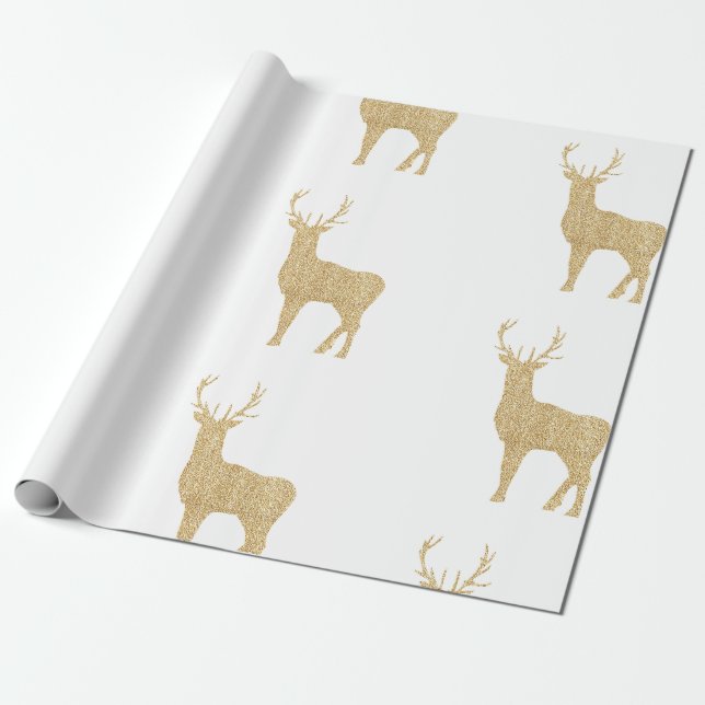Christmas White & Gold Reindeer Wrapping Paper (Unrolled)