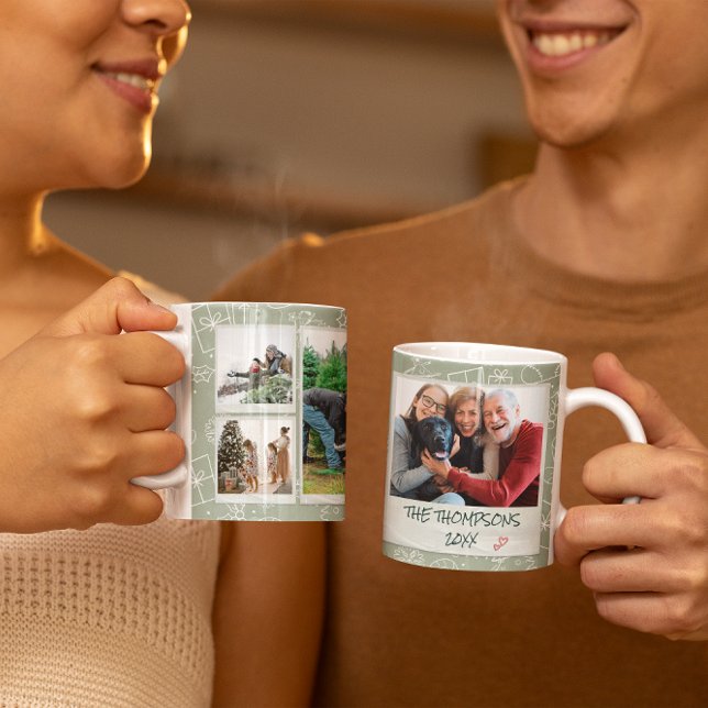 Christmas White Green Doodles 6 Photo Family Gift Coffee Mug (Creator Uploaded)