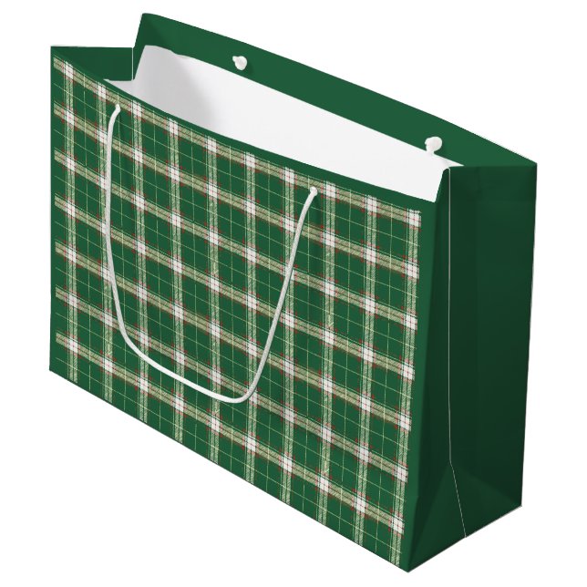 Christmas White Green Plaid Large Gift Bag (Front Angled)