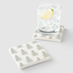 Christmas White Green Trees Stone Coaster
