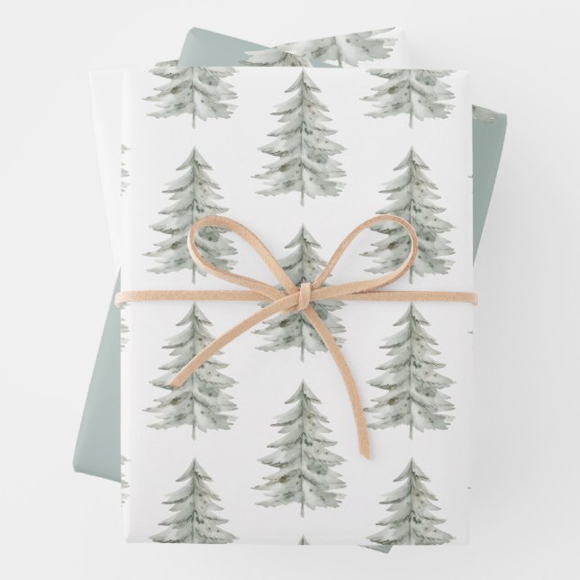 Christmas White Green Trees Wrapping Paper Sheet (In situ)