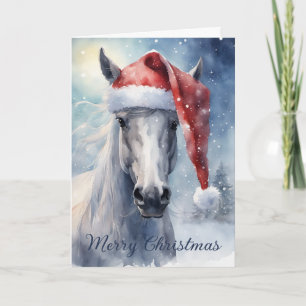 Christmas White Horse with Santa Hat Watercolor Card