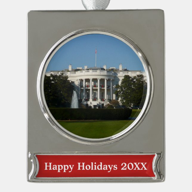 Christmas White House for Holidays Washington DC Silver Plated Banner Ornament (Front)