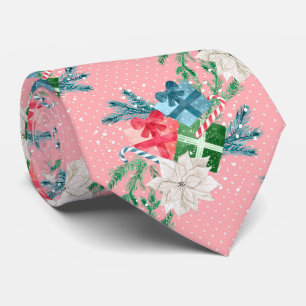 Christmas White Poinsettia and Gift Boxes Neck Tie