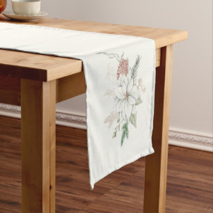 Christmas White Poinsettia and Pine Cones Short Table Runner