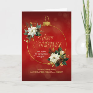 Christmas White Poinsettias with Gold on Red Holiday Card