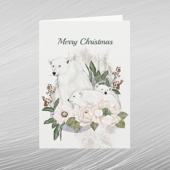 Christmas White Polar Bears Floral Watercolor Holiday Card (Creator Uploaded)