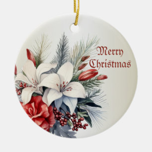 Christmas White Red Flowers Holidays Elegant Ceramic Ornament
