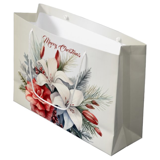 Christmas White Red Flowers Holidays Elegant Large Gift Bag (Front Angled)
