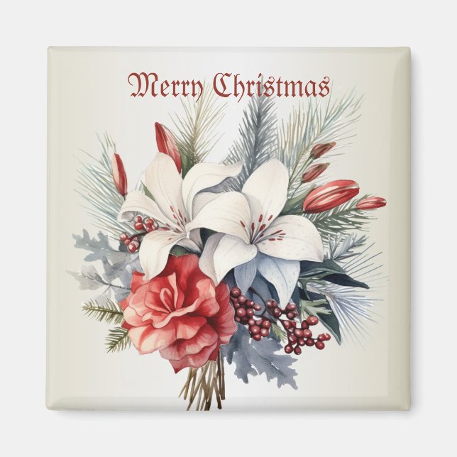 Christmas White Red Flowers Holidays Elegant Magnet (Front)