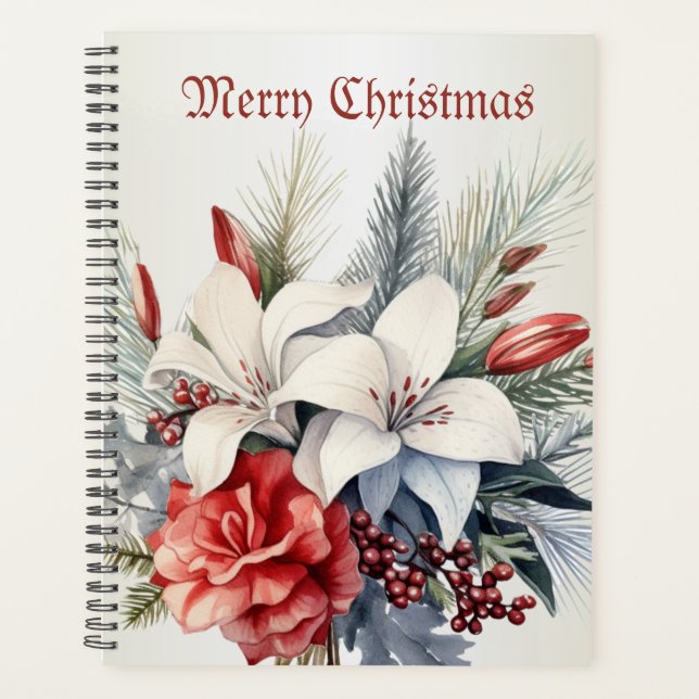 Christmas White Red Flowers Holidays Elegant Planner (Front)