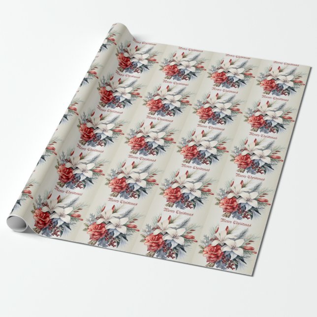 Christmas White Red Flowers Holidays Elegant Wrapping Paper (Unrolled)