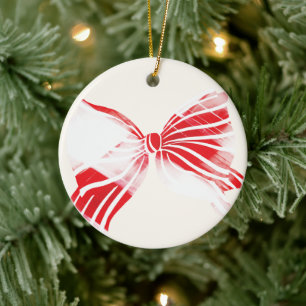 Christmas White & Red Plaid Tied With Bow Photo Ceramic Ornament